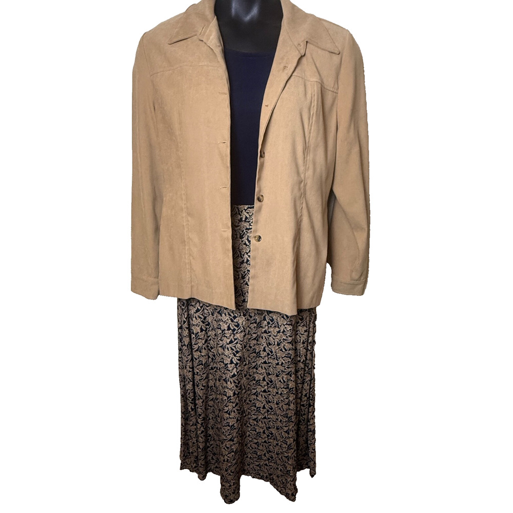 Navy Blue Tan Floral Ditsy Maxi Skirt Blazer Vtg 90s Julian Taylor Sz 10